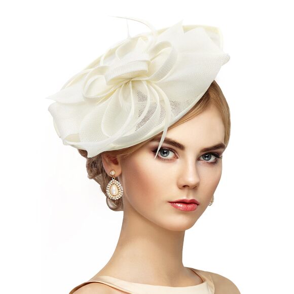 Feather Tea Party Hat - White Vintage 1920s 50s Victoria Elegant 8564